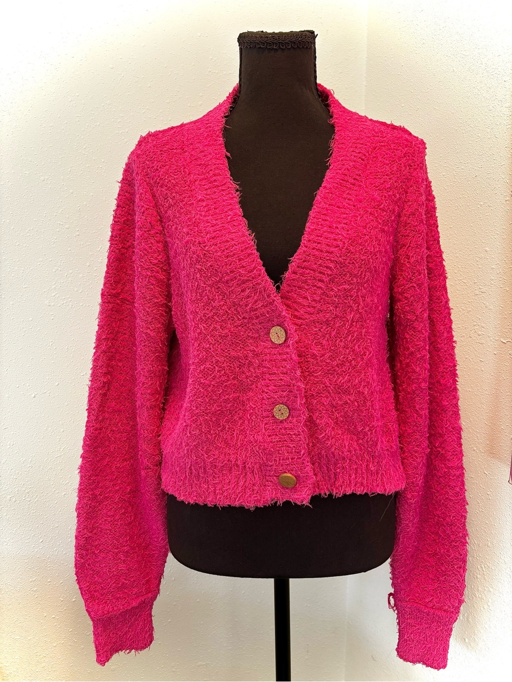 We The Free Cropped V-Neck Button Cardigan in Fuchsia Care FP Brianna Cardi